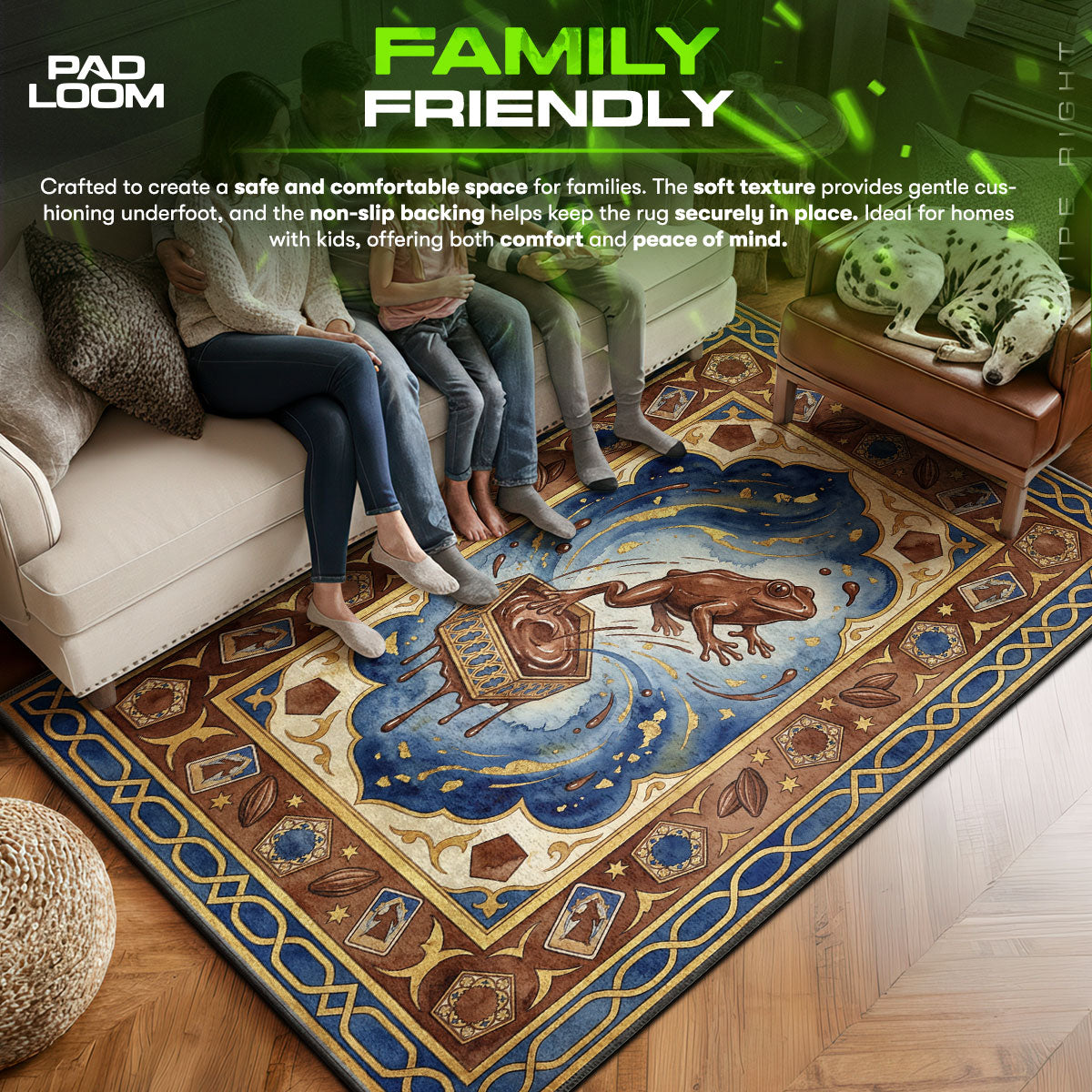 Chocolate area rug showing full home decor artwork