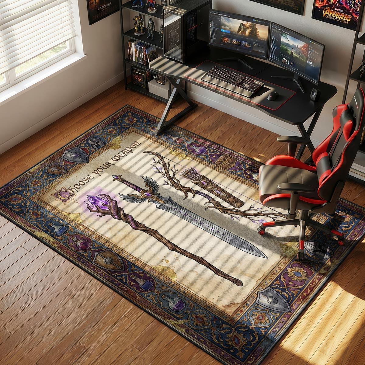 Choose Your Weapon rug placed in a D&D game room with bookshelves and fantasy decor