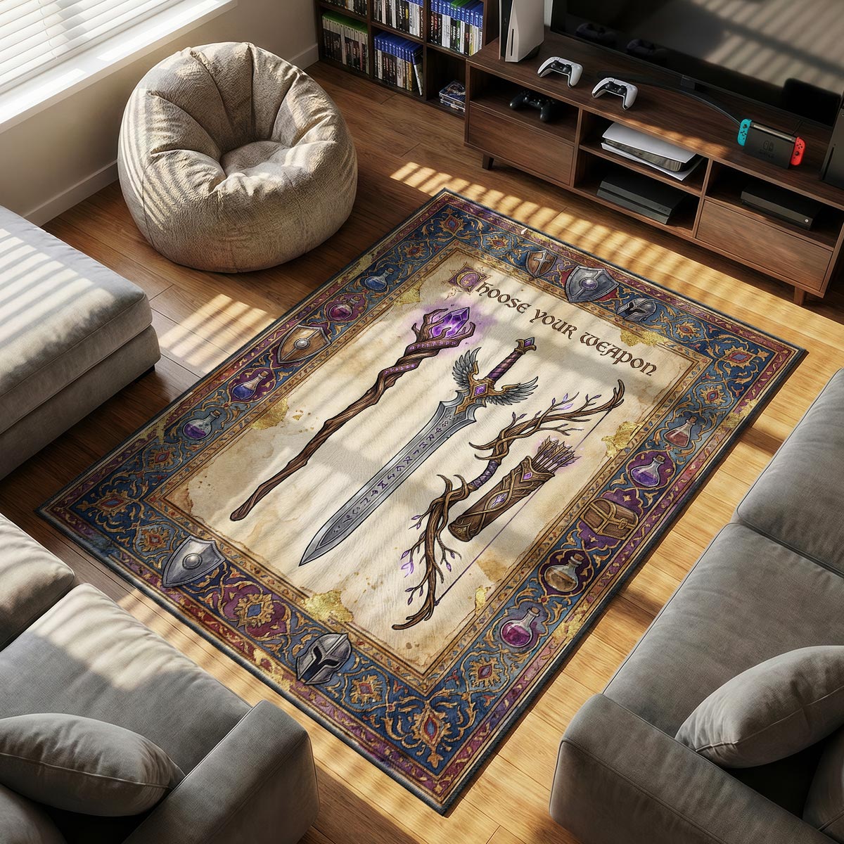 Detail of Choose Your Weapon rug showing crystal staff glow and runic sword on velvet