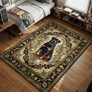 Chop the Rottweiler sitting portrait with bones and tennis balls classic Persian style gaming area rug and floor mat