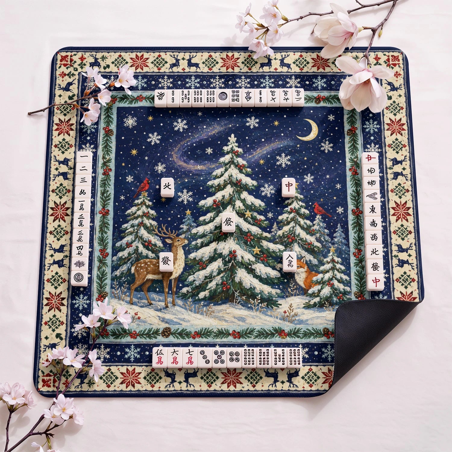 Christmas Forest design close-up on mahjong mat surface