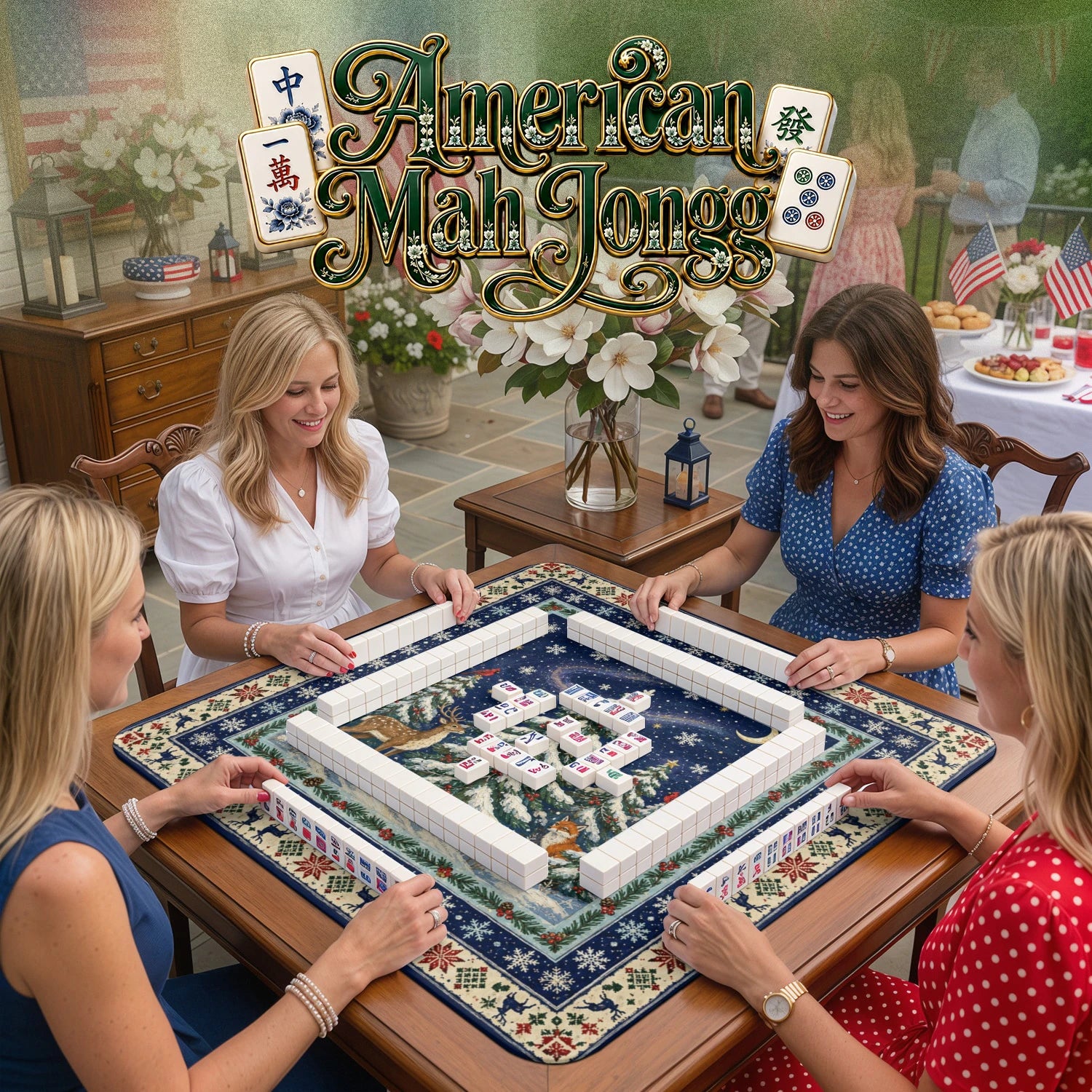 Christmas Forest design close-up on mahjong mat surface
