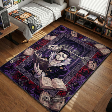 Chrollo Lucilfer holding Bandit's Secret book surrounded by spiders, crosses, and skeleton fish on a gothic purple Hunter x Hunter rug.