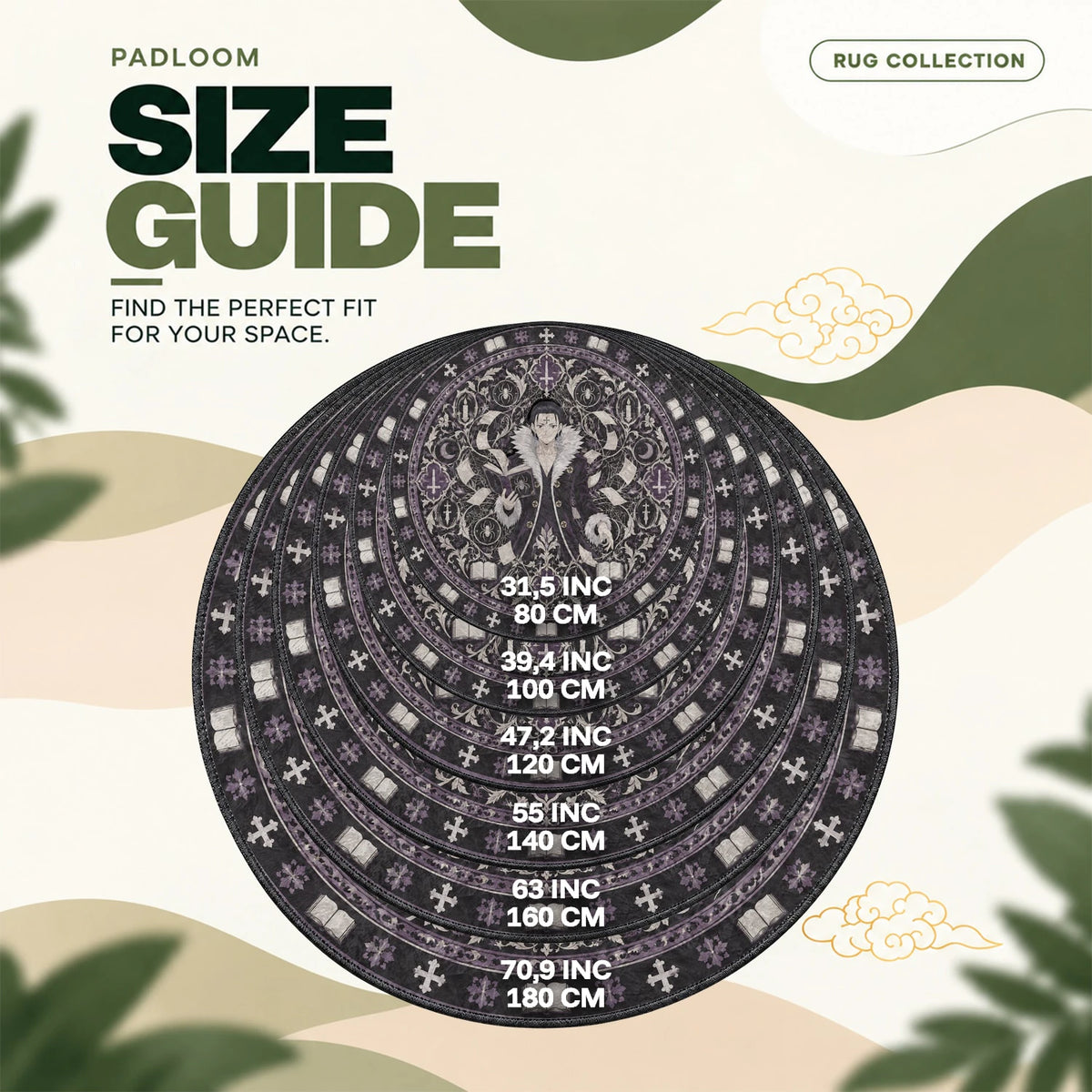 Chrollo Spellbook round rug size guide, 80 to 180 cm (31.5 to 70.9 in)