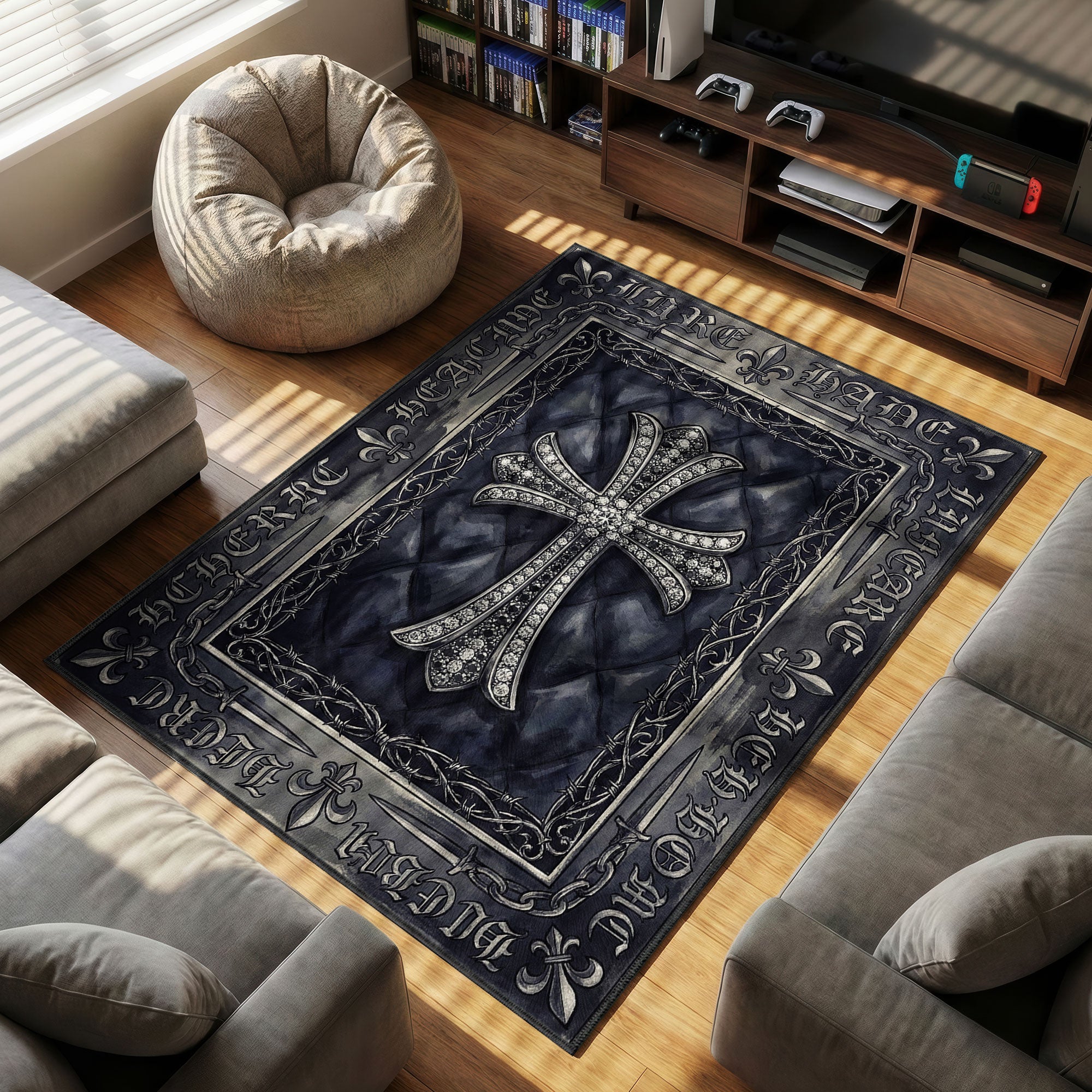 Chrome Cross themed area rug for Gothic fans