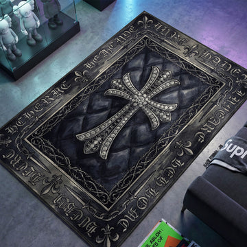 Chrome Cross Gothic script diamond jeweled cross dark blue quilted texture chains barbed wire hypebeast area rug