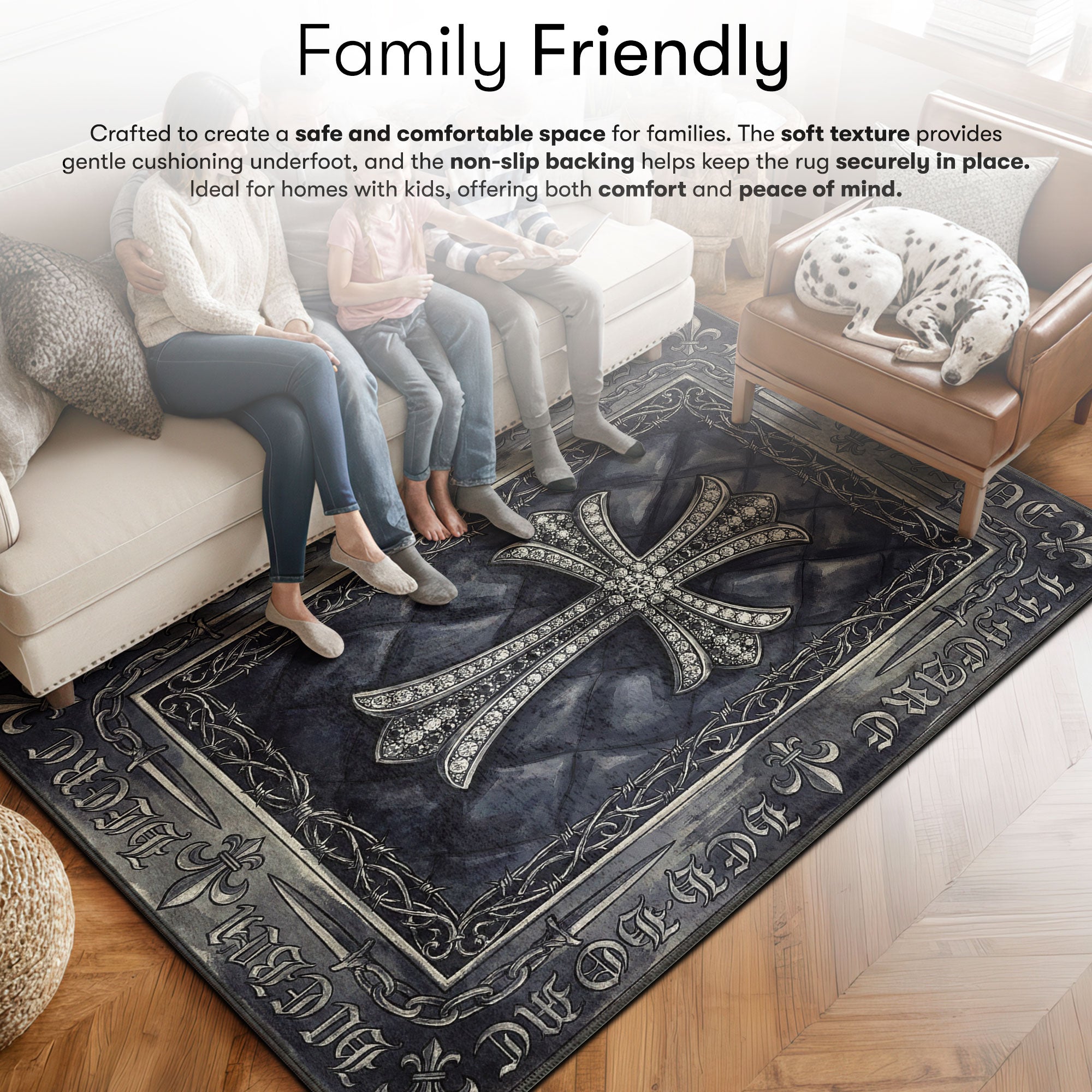 Chrome area rug showing full Gothic artwork
