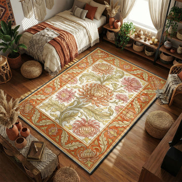 Art Nouveau chrysanthemum area rug with large peach and pink blooms on cream field