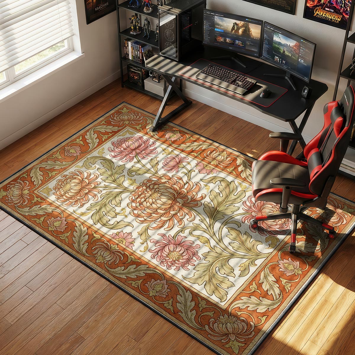 Chrysanthemum floral rug placed beside a vanity in a soft-toned bedroom with linen curtains