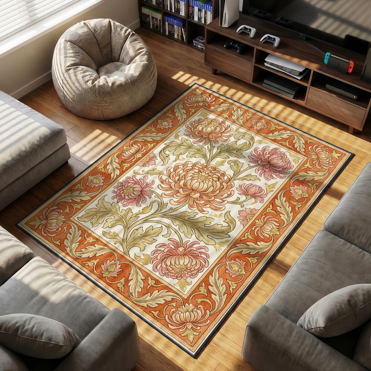 Close-up of chrysanthemum bloom rug showing layered petal detail and gold-leaf border accent