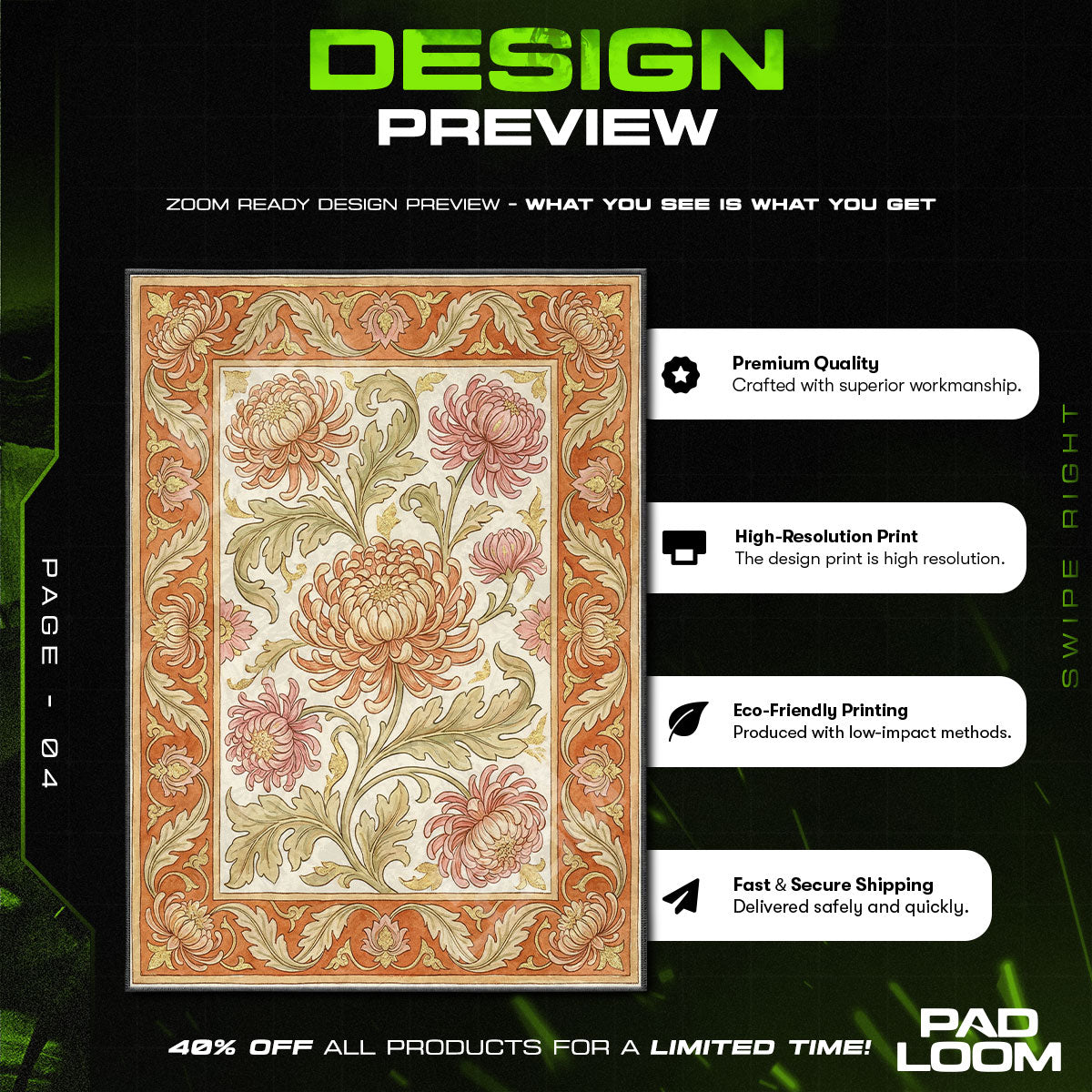 Chrysanthemum Bloom Art Nouveau Floral Area rug — main product view