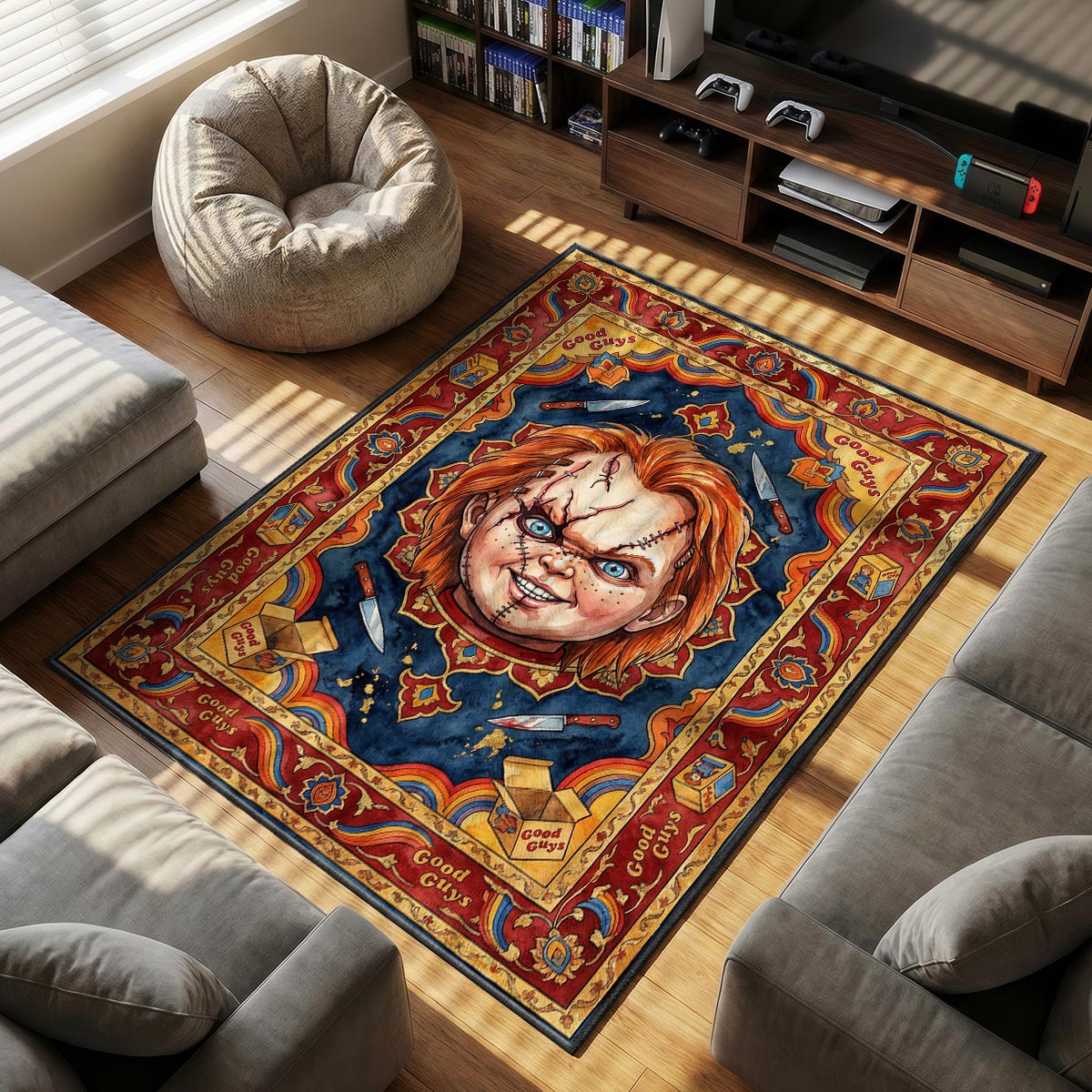 Chucky Good themed area rug for home decor fans