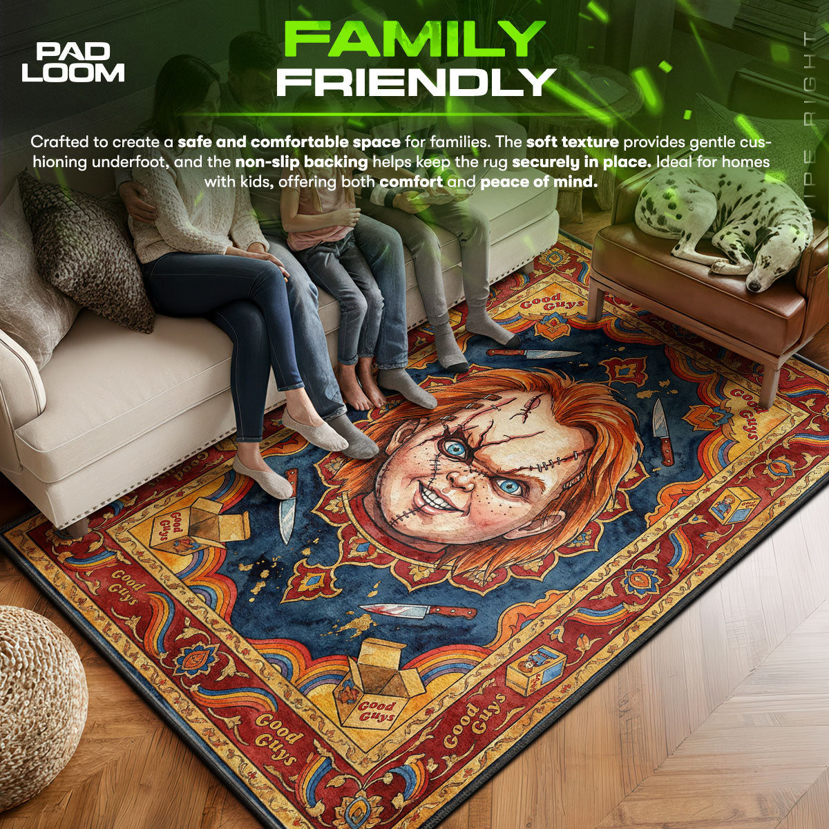 Chucky area rug showing full home decor artwork