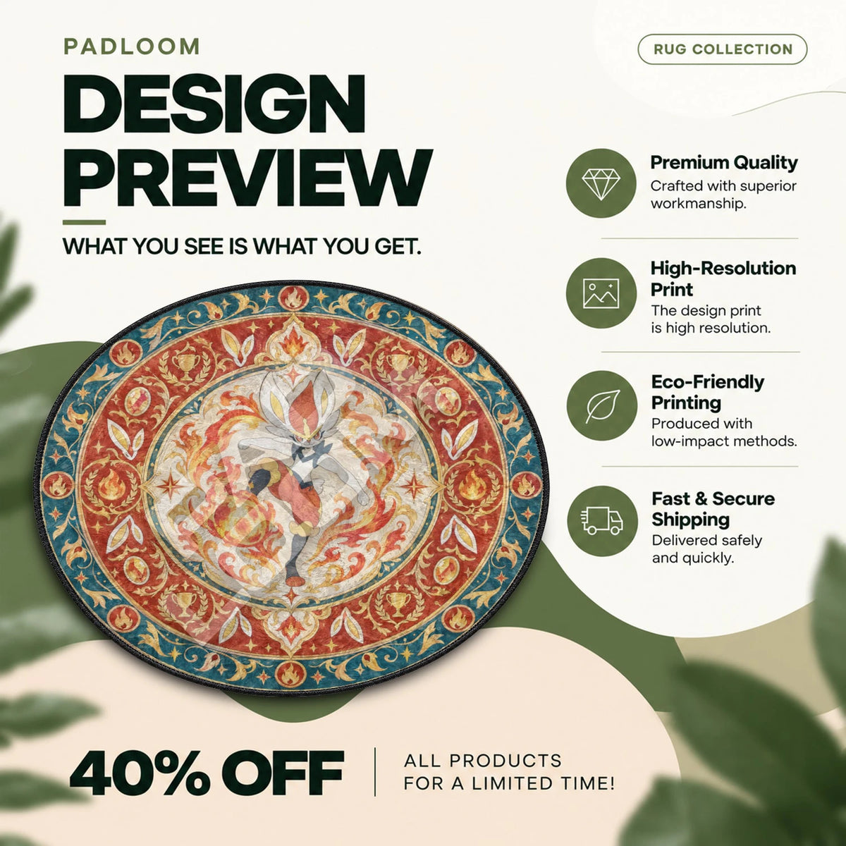 Cinderace Kicking Pokemon round rug full design preview