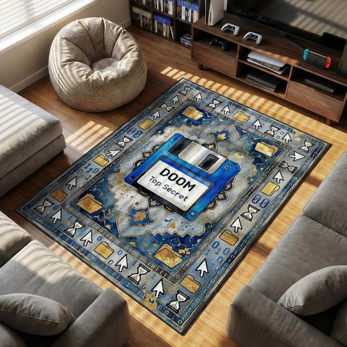 Close-up of circuit board rug showing gold trace routing and CPU chip on velvet surface