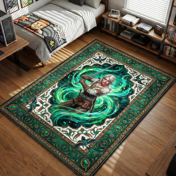 Ciri wielding Zireael sword surrounded by green magic swirls and swallows gaming area rug and floor mat