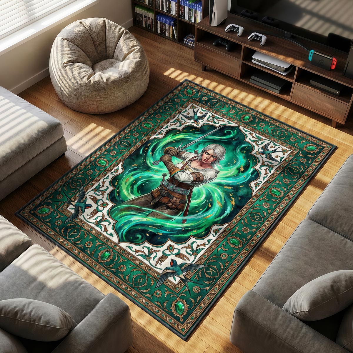 Ciri Emerald themed area rug for home decor fans