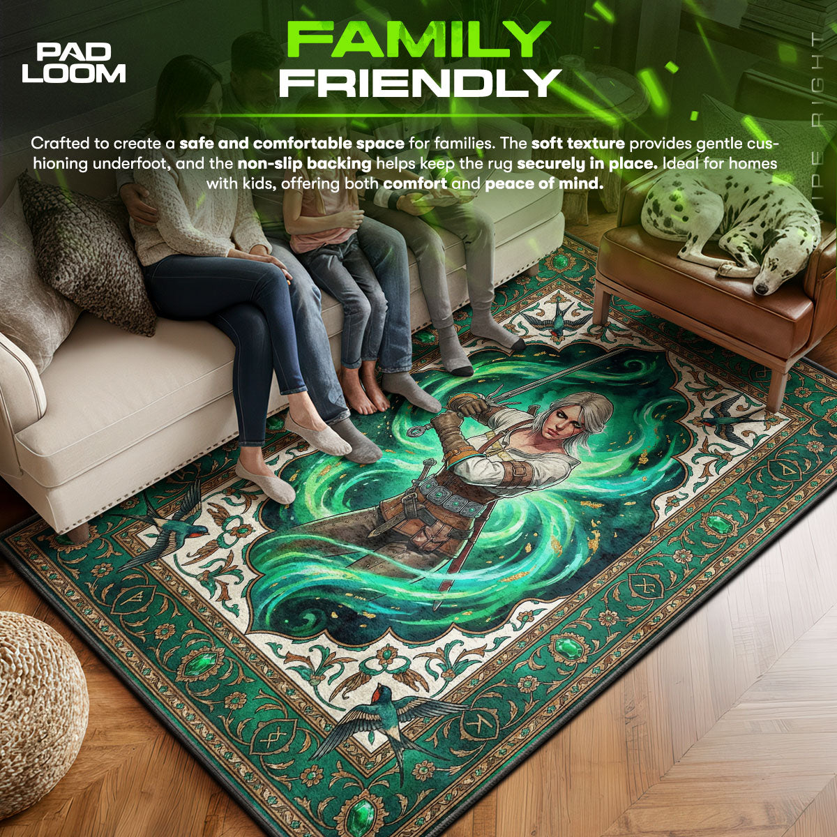 Ciri area rug showing full home decor artwork