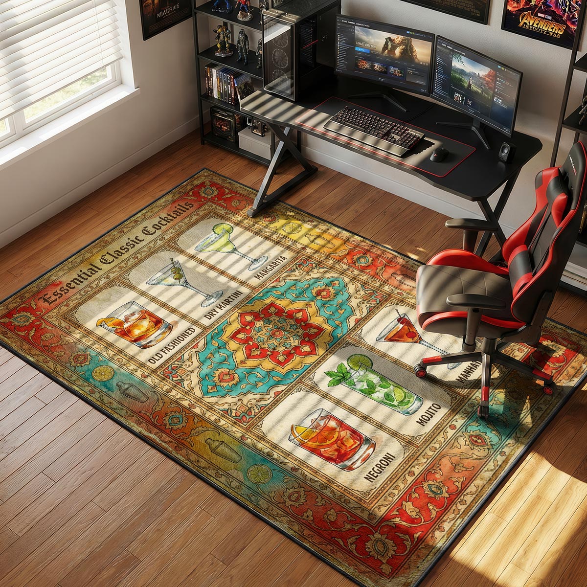 Classic cocktails kitchen rug on dark hardwood floor near a brass bar cart and cocktail glasses