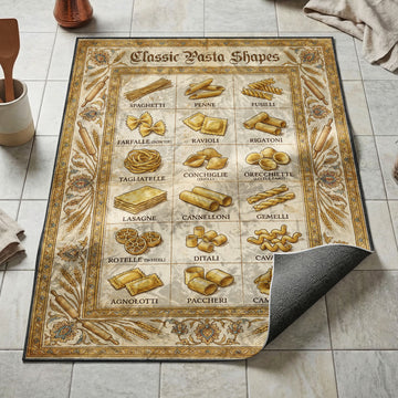 Eighteen classic pasta shapes kitchen mat with spaghetti ravioli and farfalle on golden scroll border
