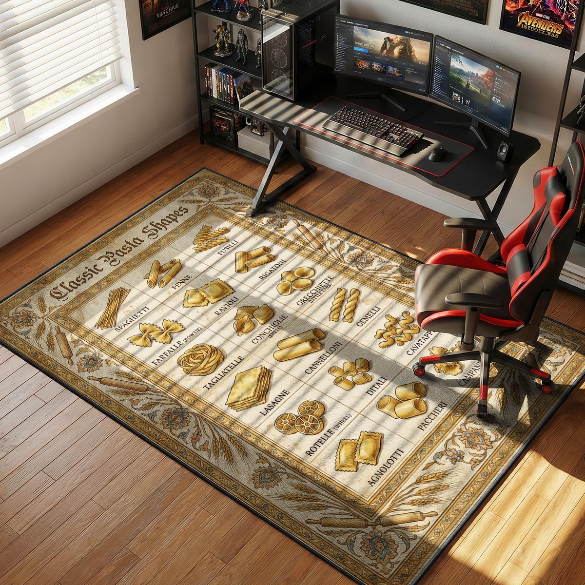 Pasta shapes kitchen rug on warm tile floor near a wooden pasta board and rolling pin