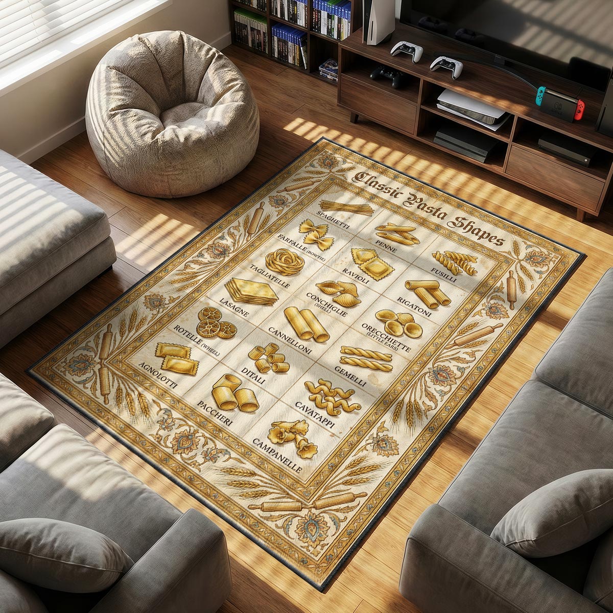 Close-up of pasta shapes mat showing rigatoni ridge detail and golden dye-sublimation texture