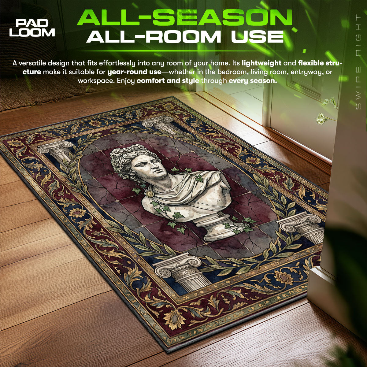 Area themed rug edge stitching detail