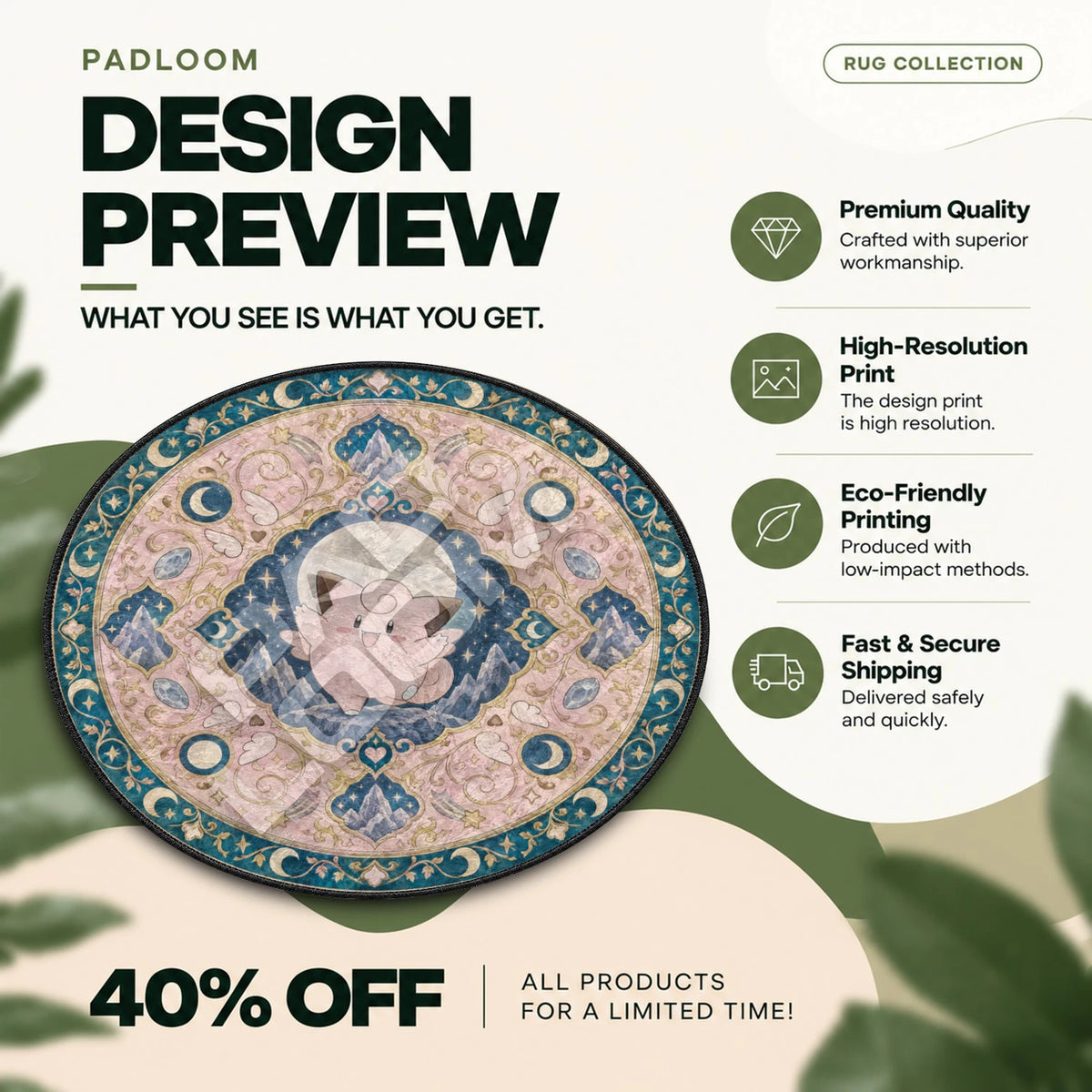 Clefairy Dancing Pokemon round rug full design preview