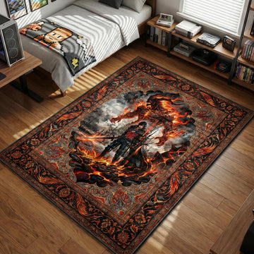 Clive Rosfield standing before fiery Ifrit Eikon in dark fantasy style gaming area rug and floor mat
