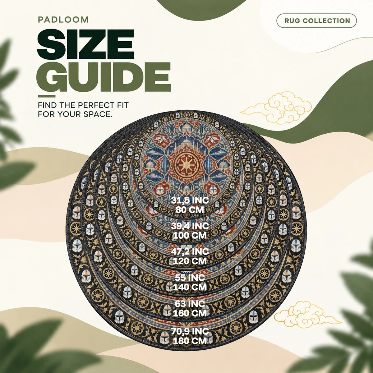 Clone Trooper Medallion round rug size guide, 80 to 180 cm (31.5 to 70.9 in)