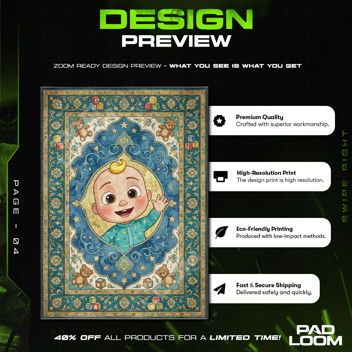 Floor character design printed on rug