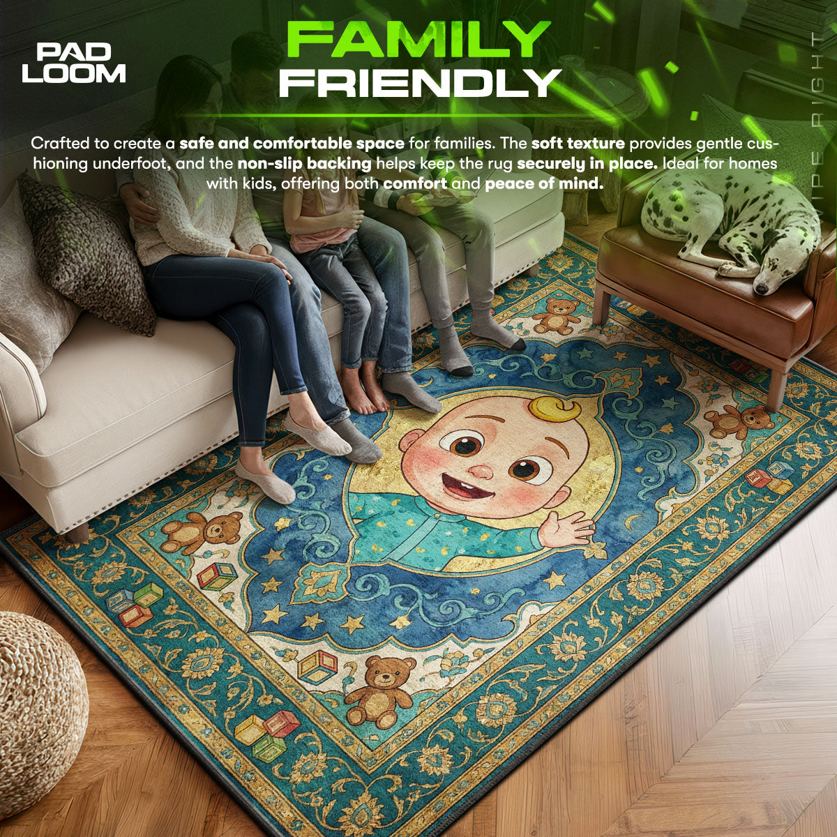Cocomelon area rug showing full home decor artwork