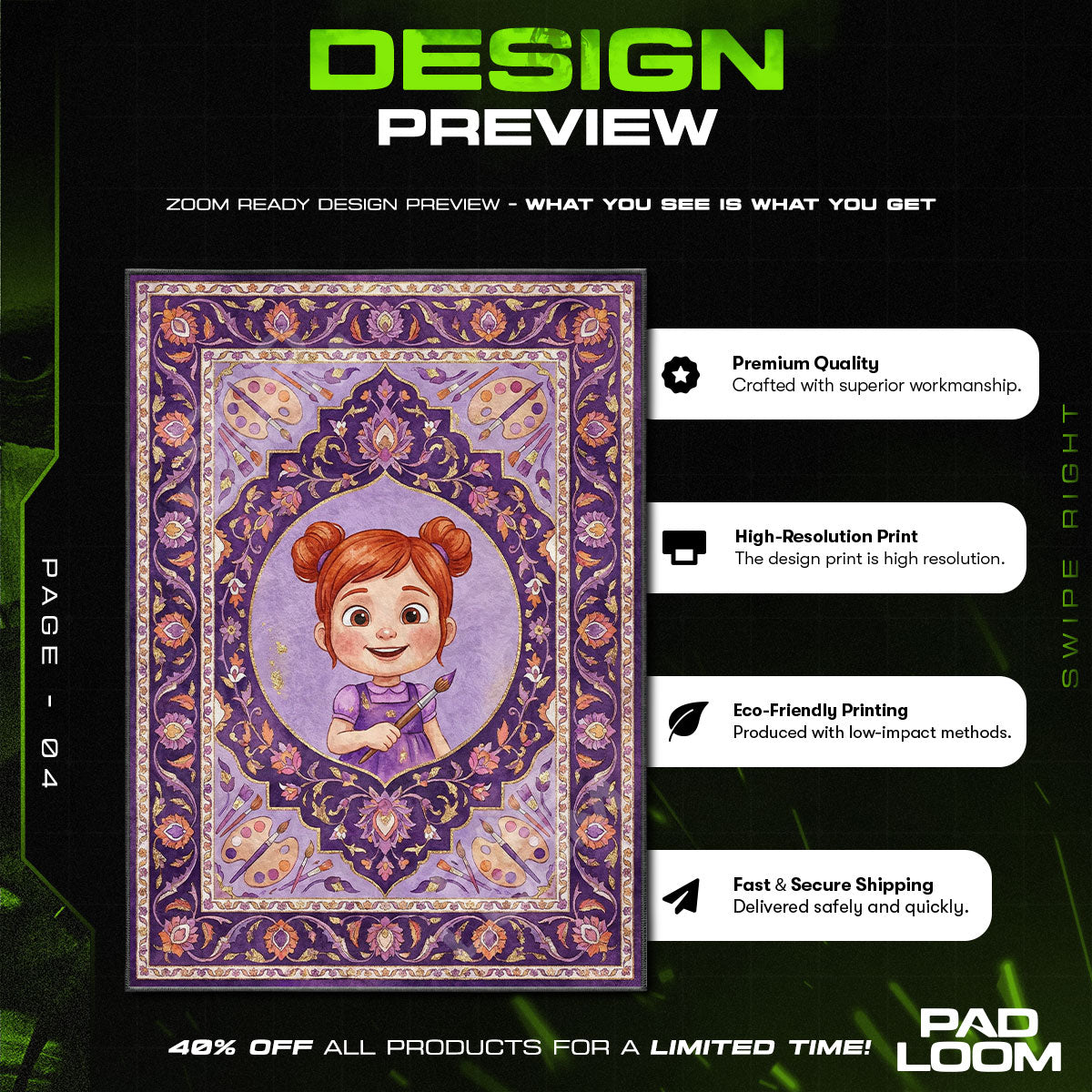 Floor character design printed on rug