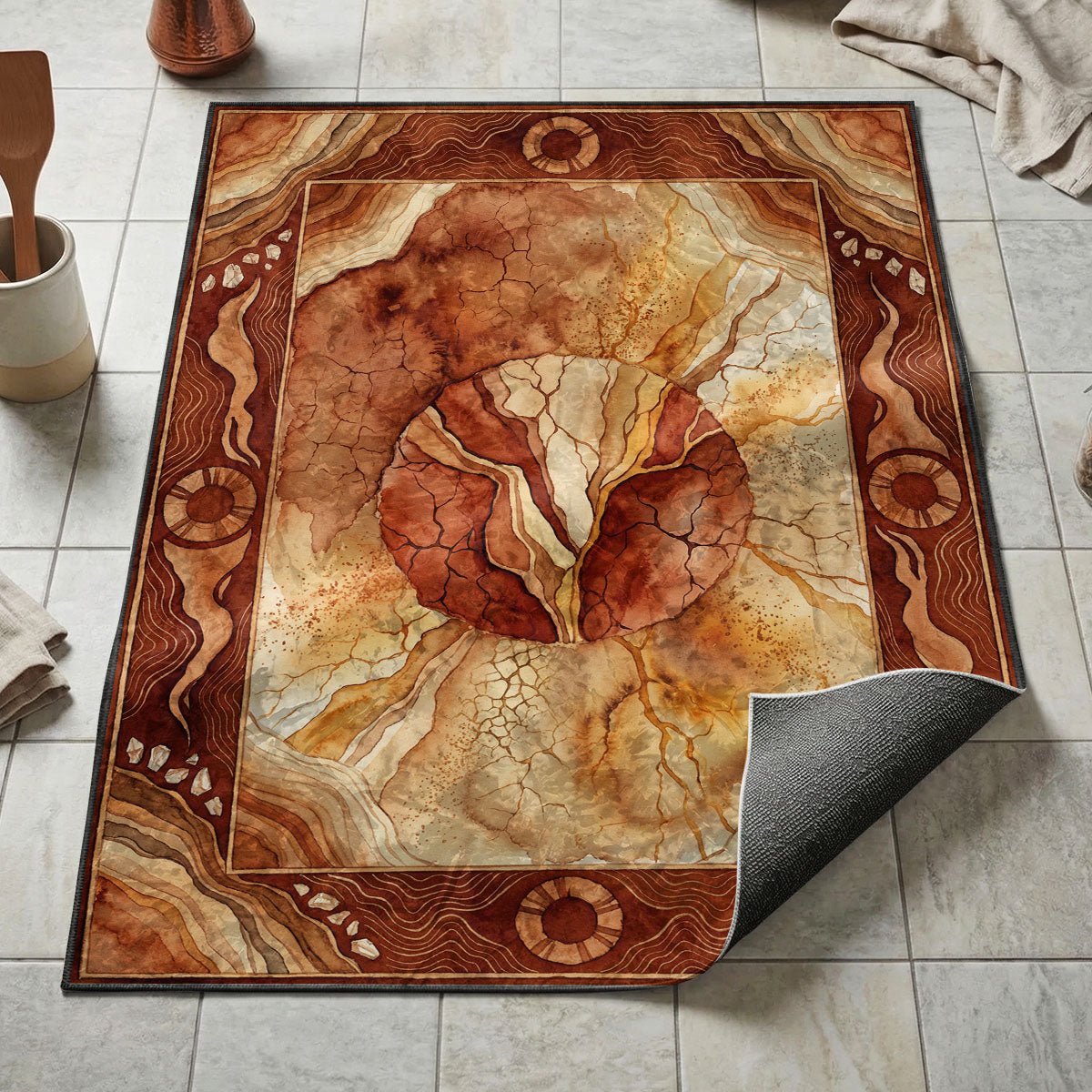 Coffee bean watercolor kitchen floor mat with cracked earth texture and ornamental sun medallion border