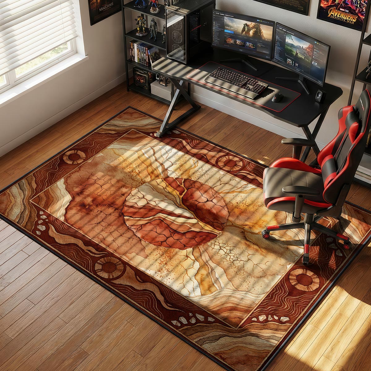 Coffee bean kitchen rug placed in front of a wooden counter beside a coffee maker