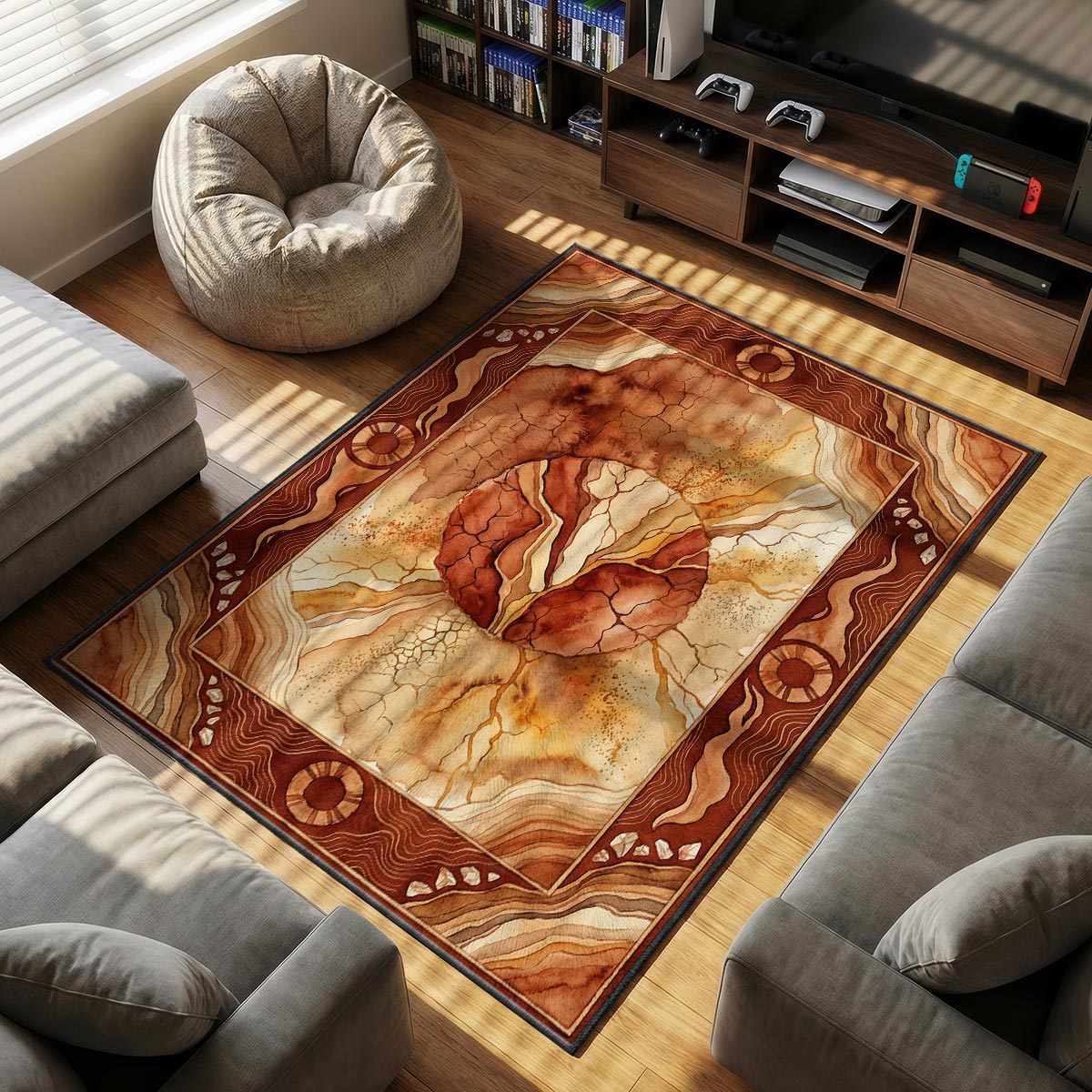 Close-up of coffee bean floor mat showing velvet texture and warm sienna dye-sublimation detail
