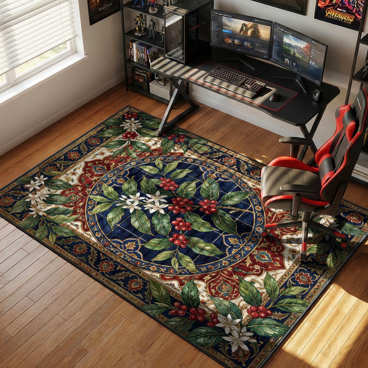 Coffee cherry botanical rug on dark hardwood floor near a coffee plant and ceramic brewing set