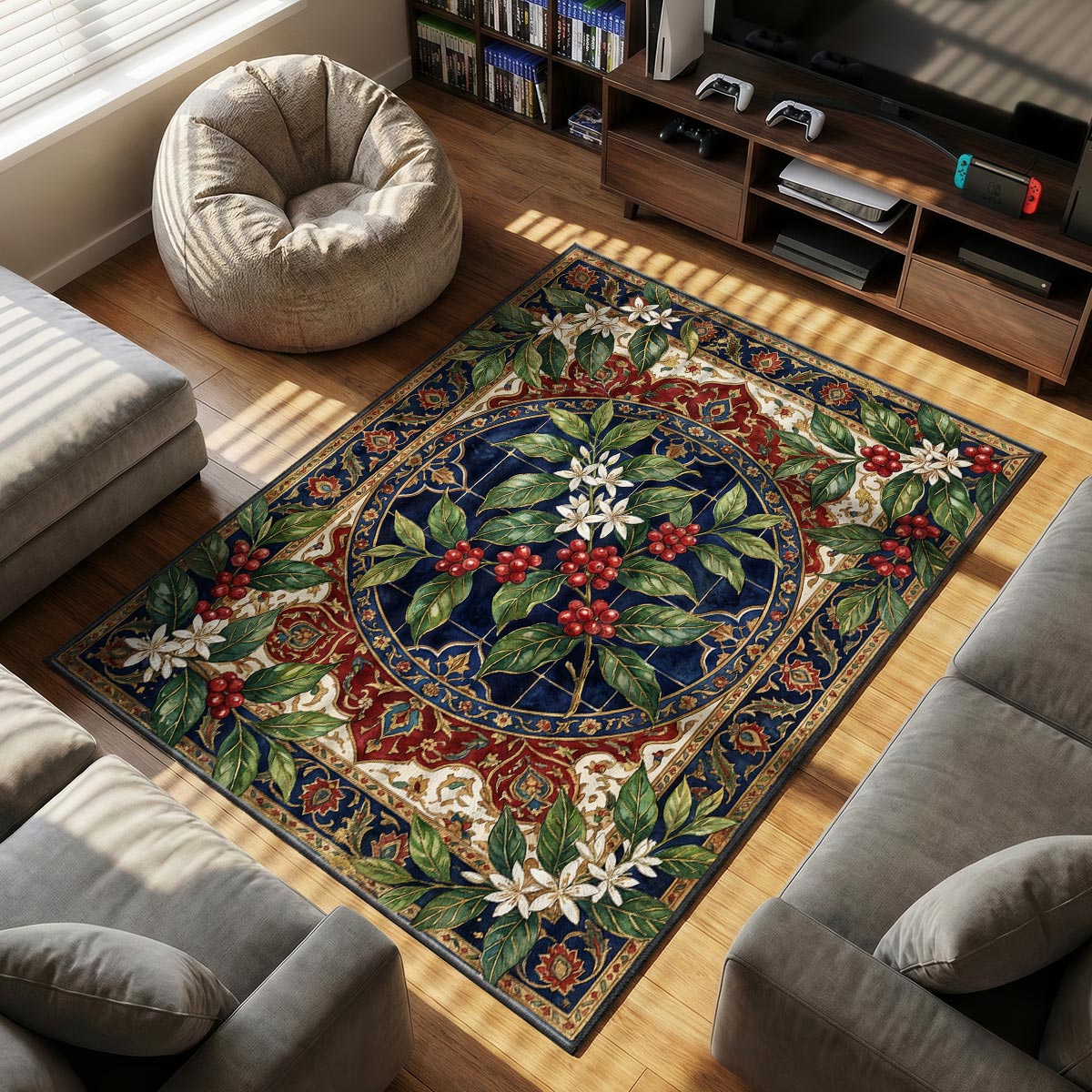 Close-up of coffee cherry mat showing red berry cluster detail and deep navy velvet background