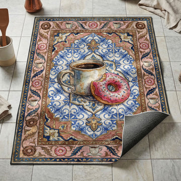 Coffee mug and pink frosted donut kitchen mat on blue azulejo tile with sprinkle detail