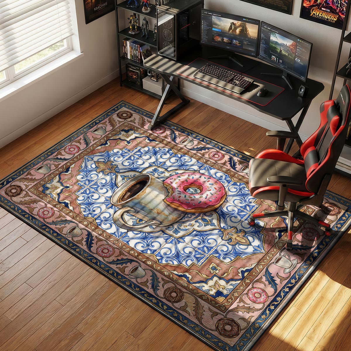 Coffee and donut kitchen rug on light tile floor near a pastel kitchen with a donut box