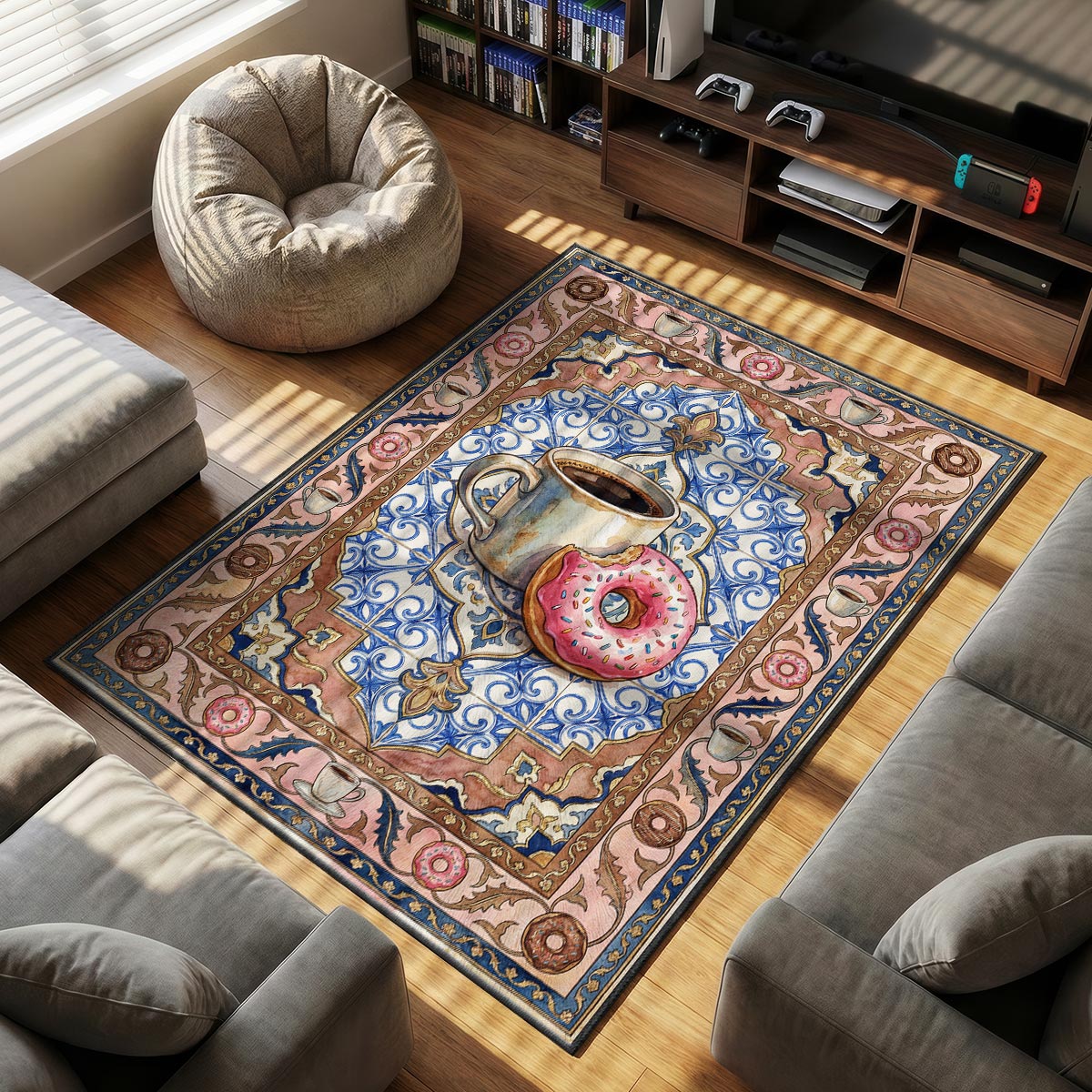 Close-up of coffee donut mat showing pink frosting sprinkle detail and blue tile print texture