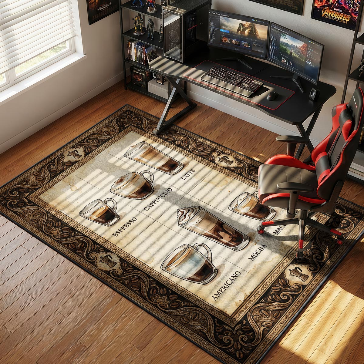 Coffee drinks guide kitchen rug on tile floor beside an espresso machine and coffee grinder