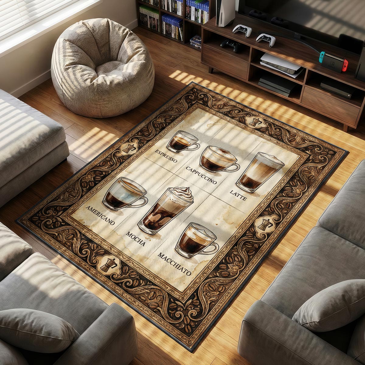 Close-up of coffee drinks mat showing layered latte glass illustration and velvet fiber detail