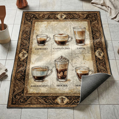 Coffee Drinks Guide Rug — Cafe Kitchen Floor Mat
