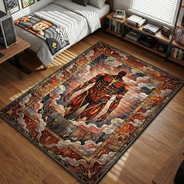 Colossal Titan standing amidst steam and fire over the walls in a vintage tarot mural art style area rug and floor mat