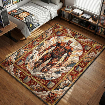 Colossal Titan standing tall surrounded by steam and crests in a vintage watercolor art style area rug and floor mat