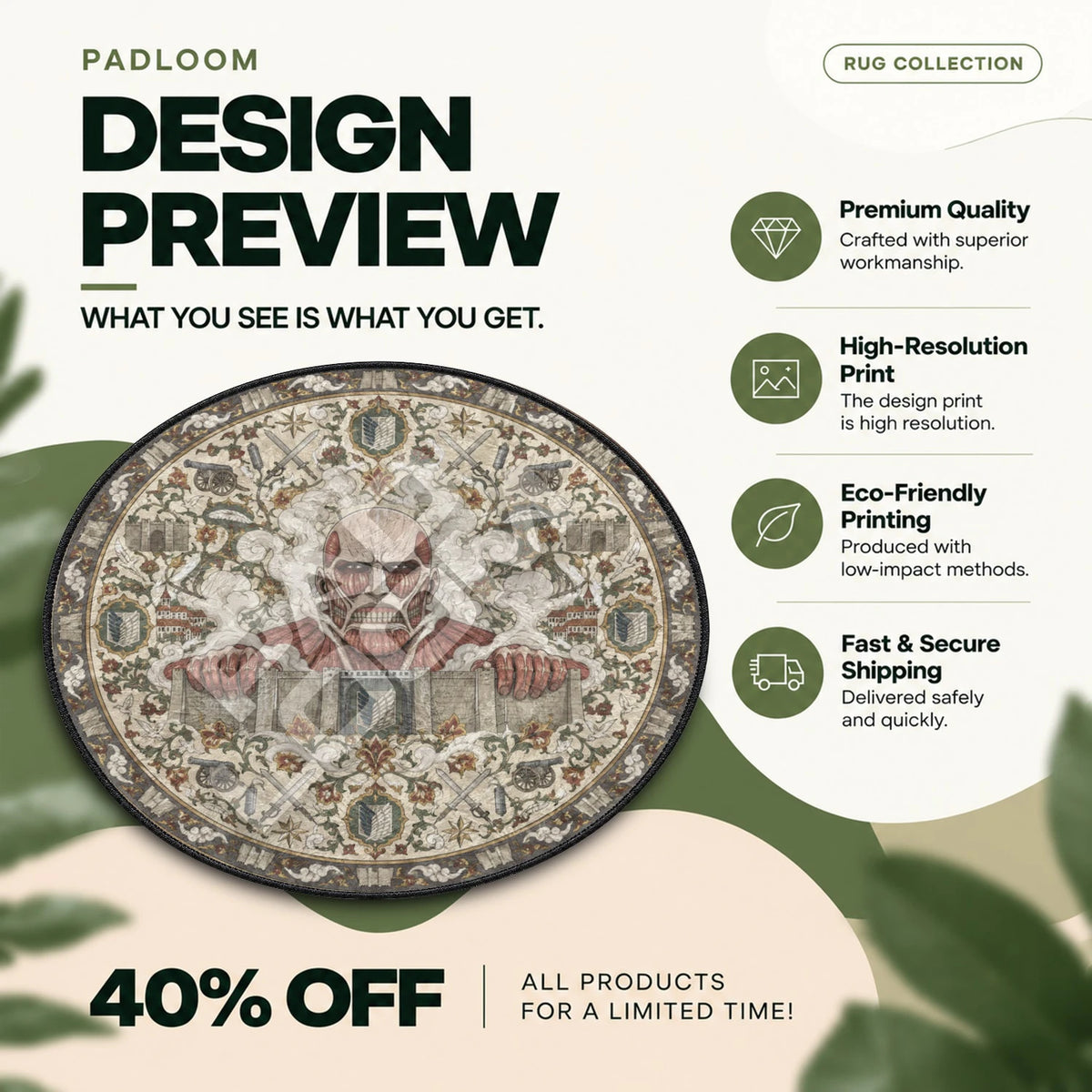Colossal Titan Wall Attack on Titan round rug full design preview