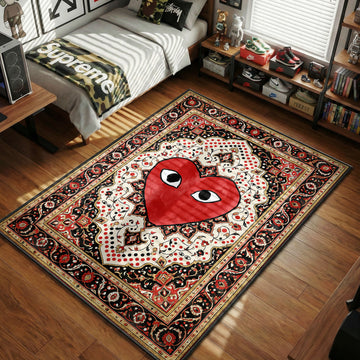 COMME des GARÇONS red heart with eyes traditional pattern hypebeast area rug