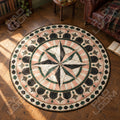 Compass Rose Marble mandala round rug in a styled room - mandala circle area rug