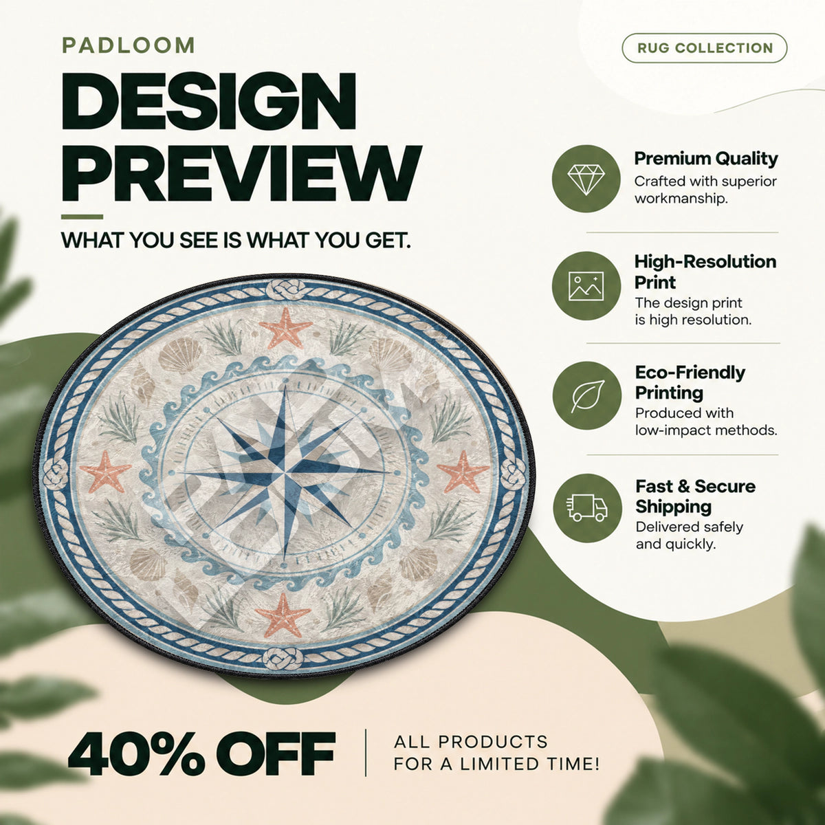 Kompassrose Marineblau runder Teppich – Designvorschau